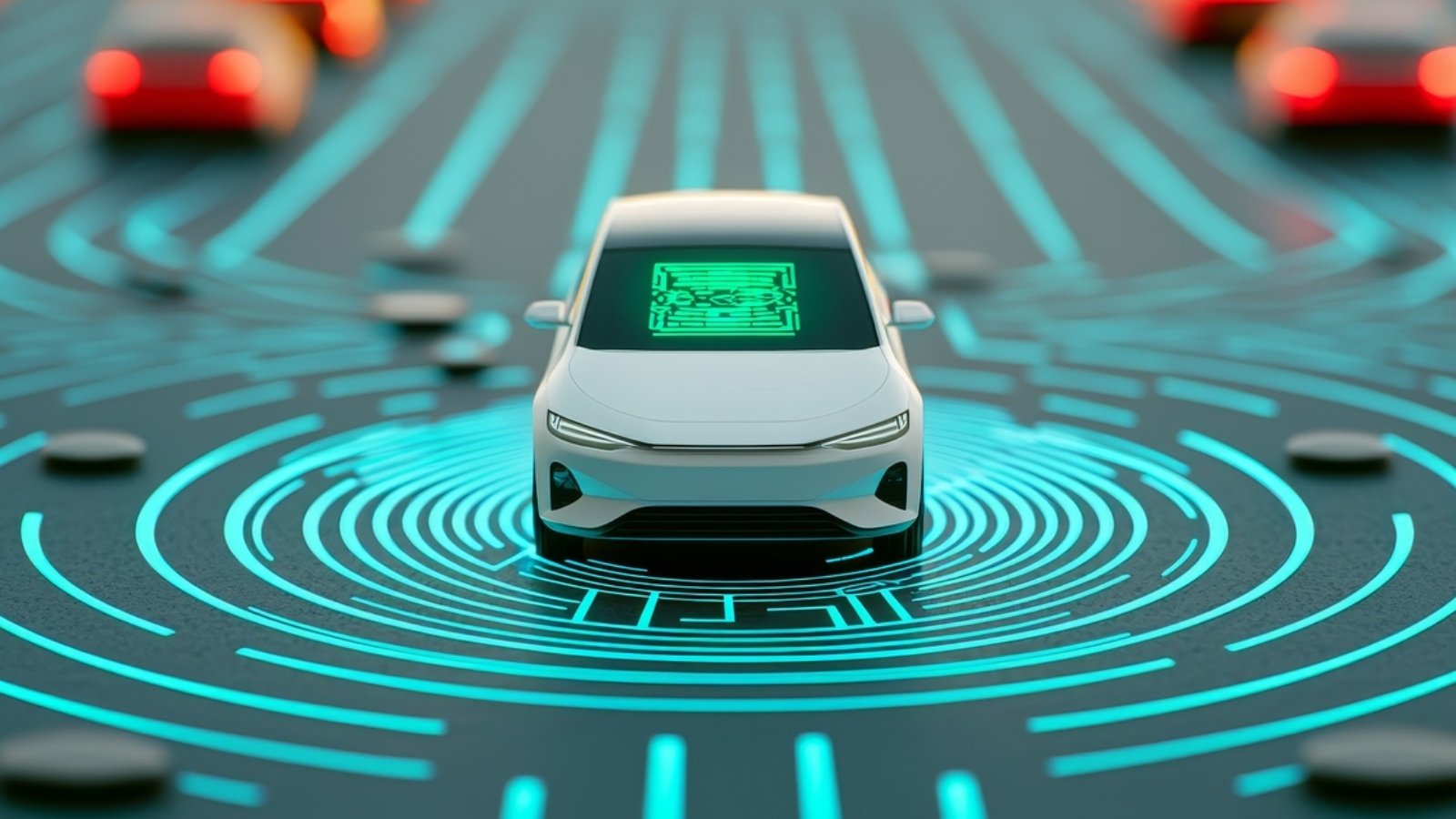 A futuristic car is surrounded by digital signals, illustrating advanced communication in a smart driving environment.